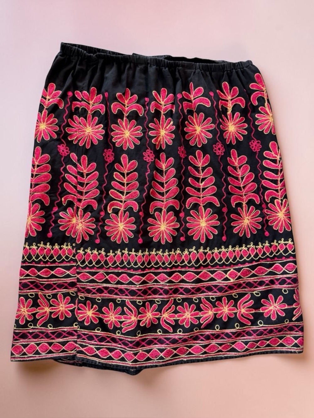 Vtg Red Gold Embroidered Banjara Skirt  Sz 1X Midi Boho Handmade Upcycled